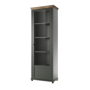 Vetrina con 1 porta e LED integrati, collezione ASSIA. Colori verde e rovere. Apertura a destra.