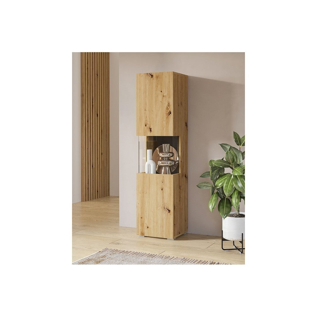 Vetrina 1 porta parzialmente vetrata collezione EVA. Colore quercia e nero.