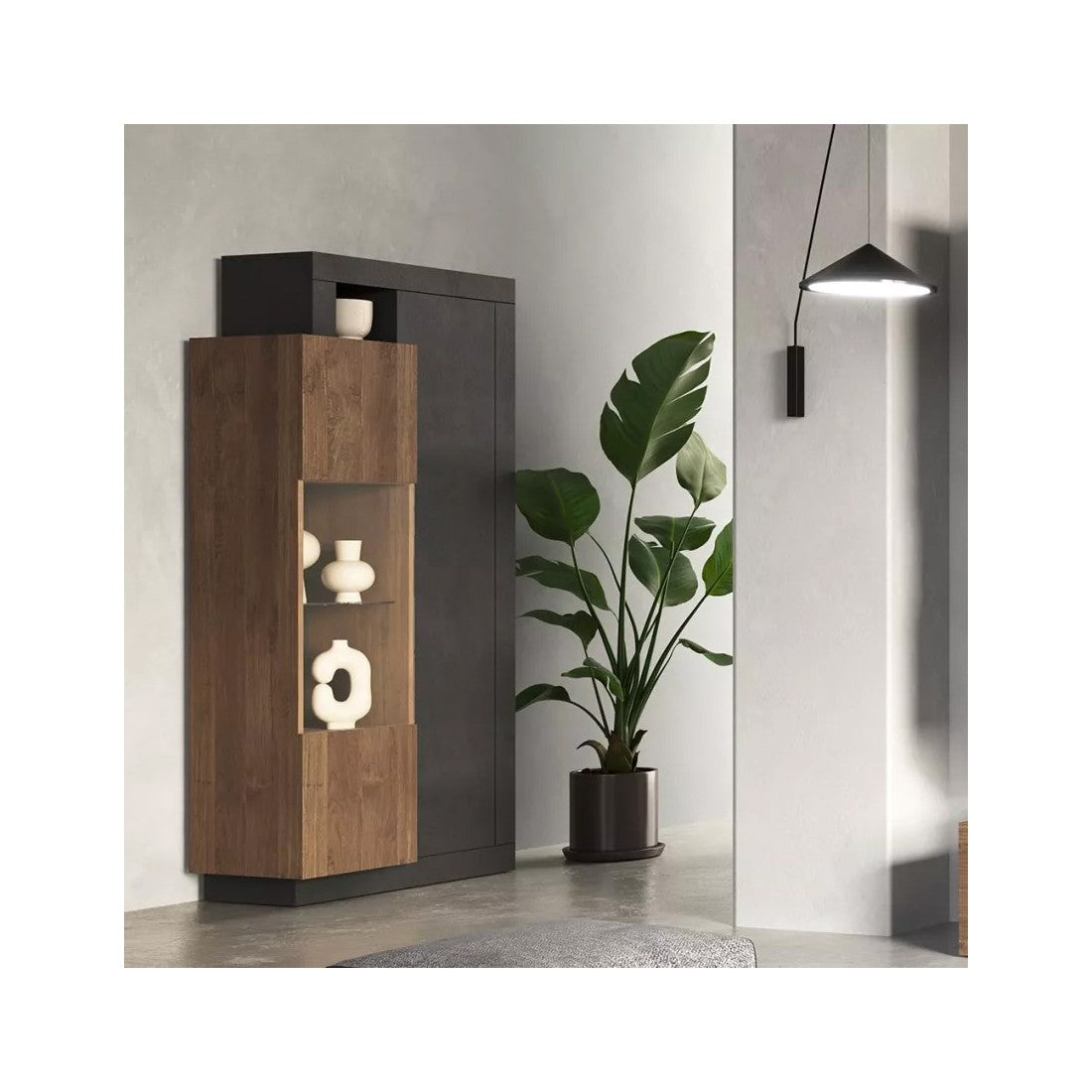 Vetrina 2 porte collezione DOMI. Colori grigio antracite e rovere scuro.