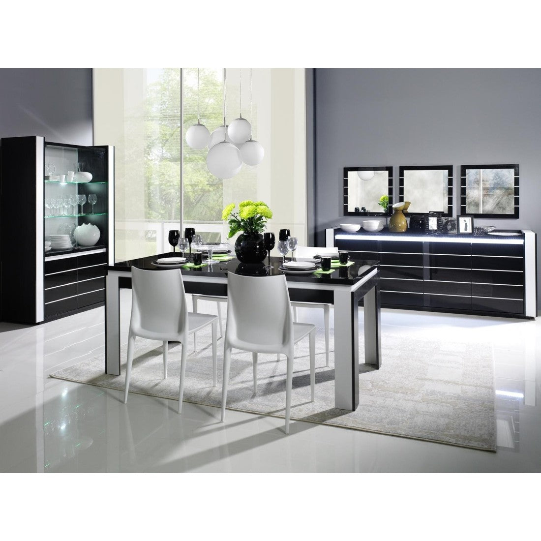 Vetrina argenteria credenza LINA nera e bianca con LED - 4 porte a battente
