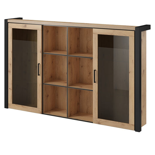 Vetrina con illuminazione LED collezione BOWIE. 2 porte e 6 nicchie centrali. Colore rovere e nero.