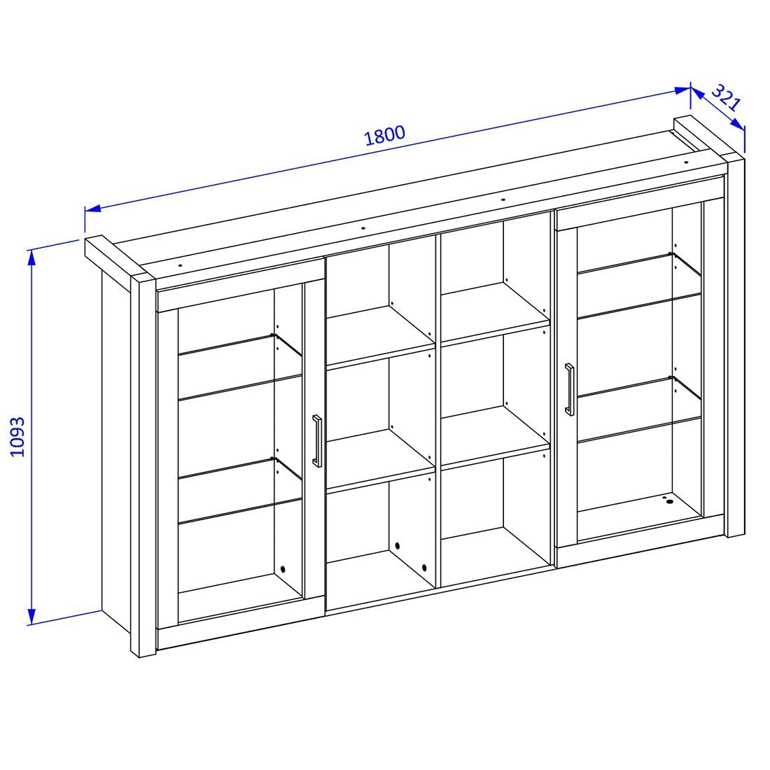 Vetrina con illuminazione LED collezione BOWIE. 2 porte e 6 nicchie centrali. Colore rovere e nero.