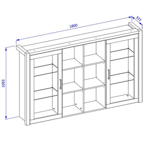 Vetrina con illuminazione LED collezione BOWIE. 2 porte e 6 nicchie centrali. Colore rovere e nero.