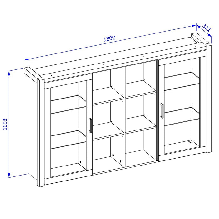 Vetrina con illuminazione LED collezione BOWIE. 2 porte e 6 nicchie centrali. Colore rovere e nero.