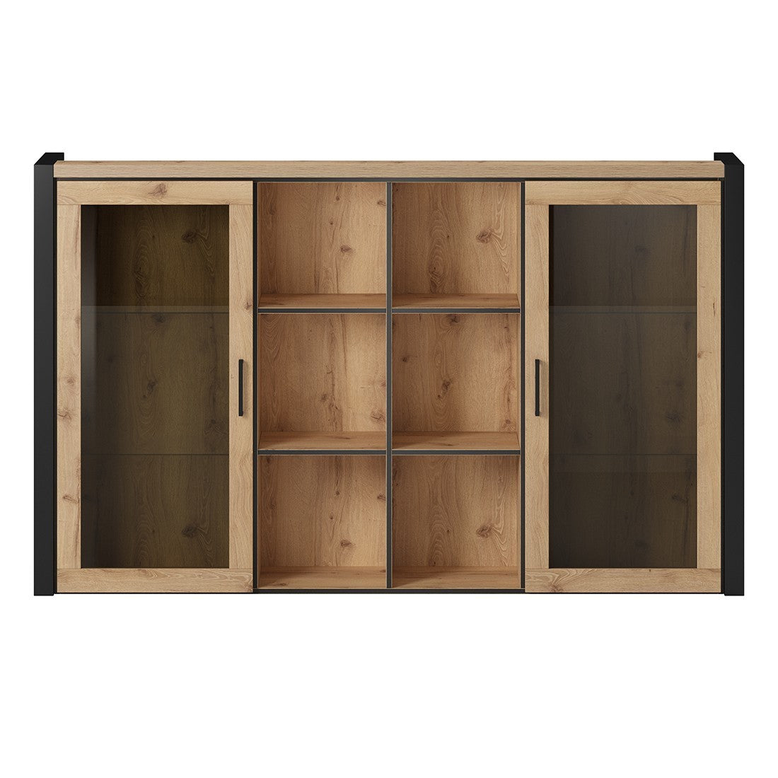 Vetrina con illuminazione LED collezione BOWIE. 2 porte e 6 nicchie centrali. Colore rovere e nero.