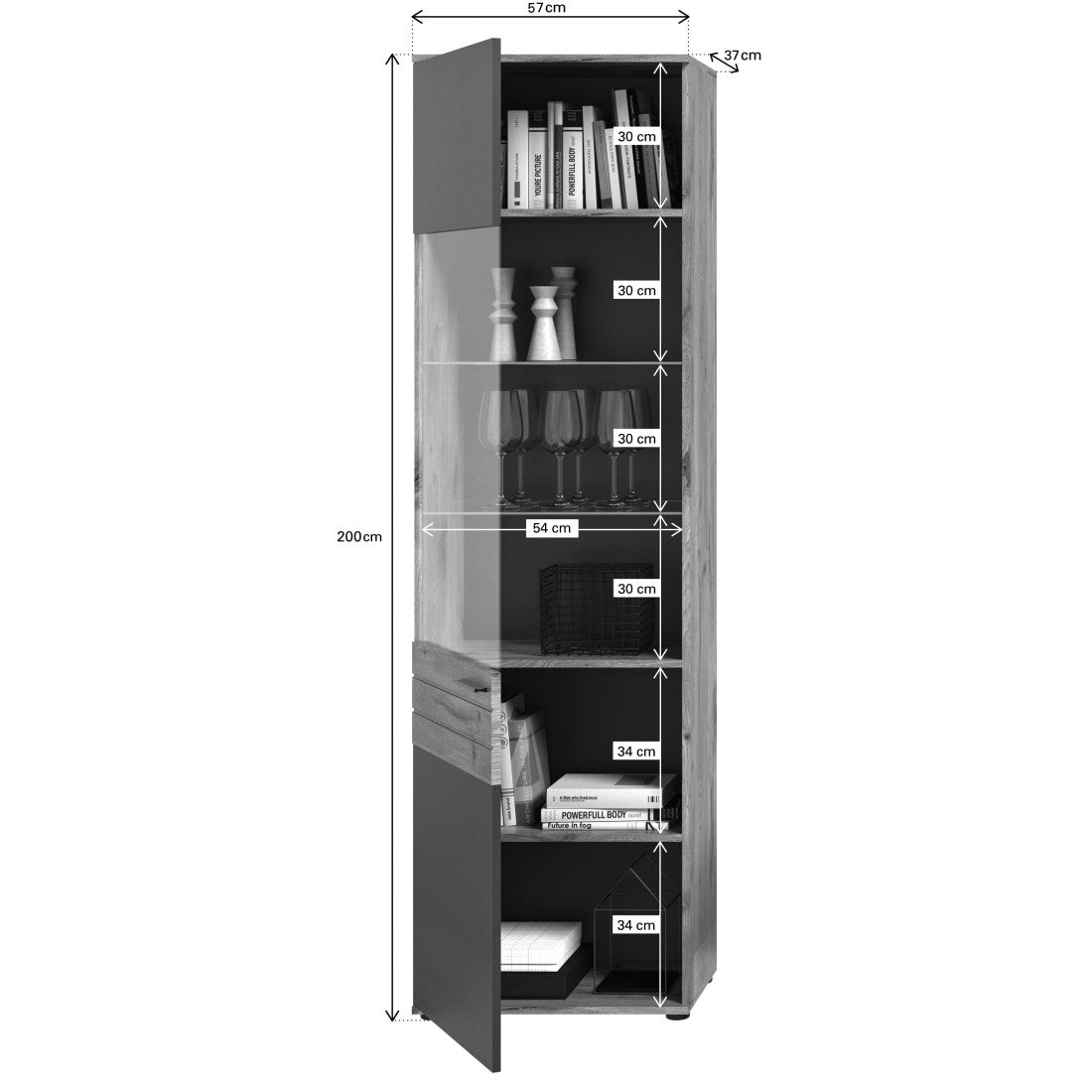 Vetrina con porta in vetro - Grigio antracite e rovere chiaro - SELMA