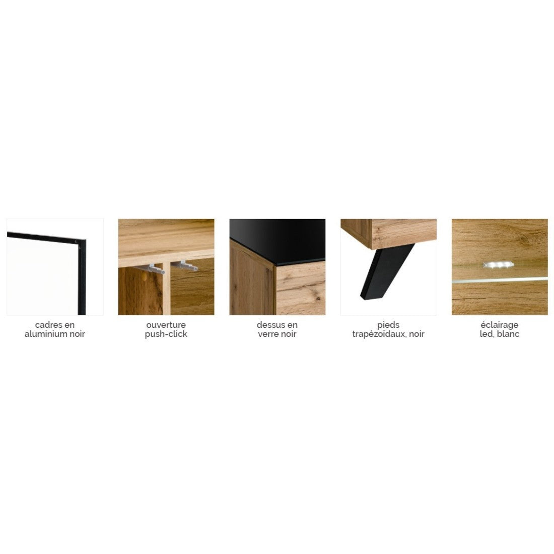 VETRINA bassa TINO + LED. Mobile decorativo in stile scandinavo, design per il tuo soggiorno.