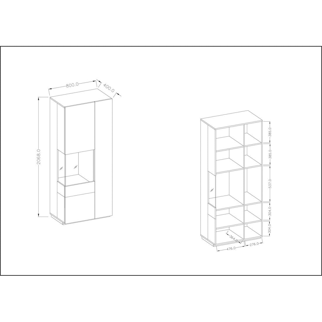 Vetrina, libreria, credenza KILES colore grigio antracite e quercia. Modello vetrina sinistra. LED integrato.