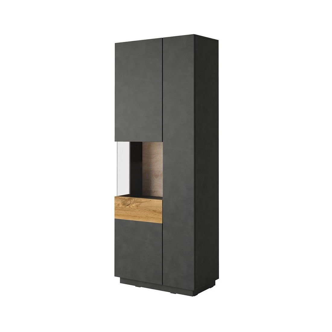 Vetrina, libreria, credenza KILES colore grigio antracite e quercia. Modello vetrina sinistra. LED integrato.