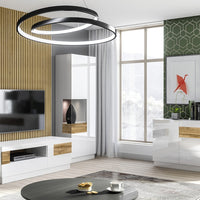 Vetrina, libreria, credenza KILES colori grigio bianco e quercia. Modello vetrina sinistra. LED integrato.