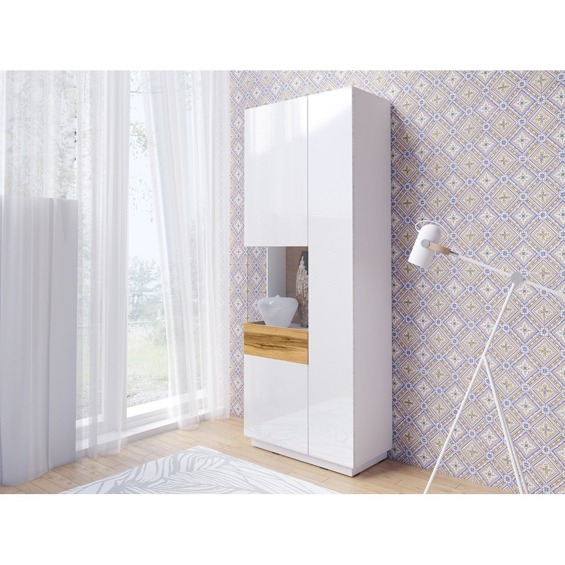 Vetrina, libreria, credenza KILES colore grigio bianco e rovere. Modello vetrina sinistra.