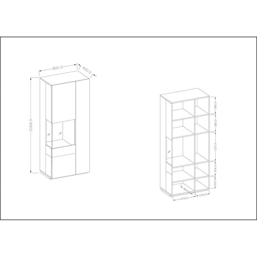 Vetrina, libreria, credenza KILES colore grigio bianco e rovere. Modello vetrina sinistra.