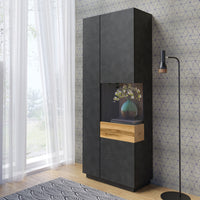 Vetrina collezione KILES colore grigio antracite e rovere. Modello con vetrina a destra. LED integrato.