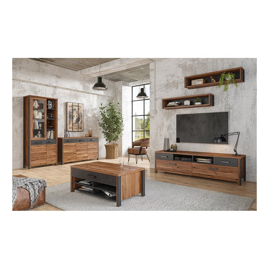 Vetrina collezione WINDSOR. Colori rovere scuro e grigio antracite.