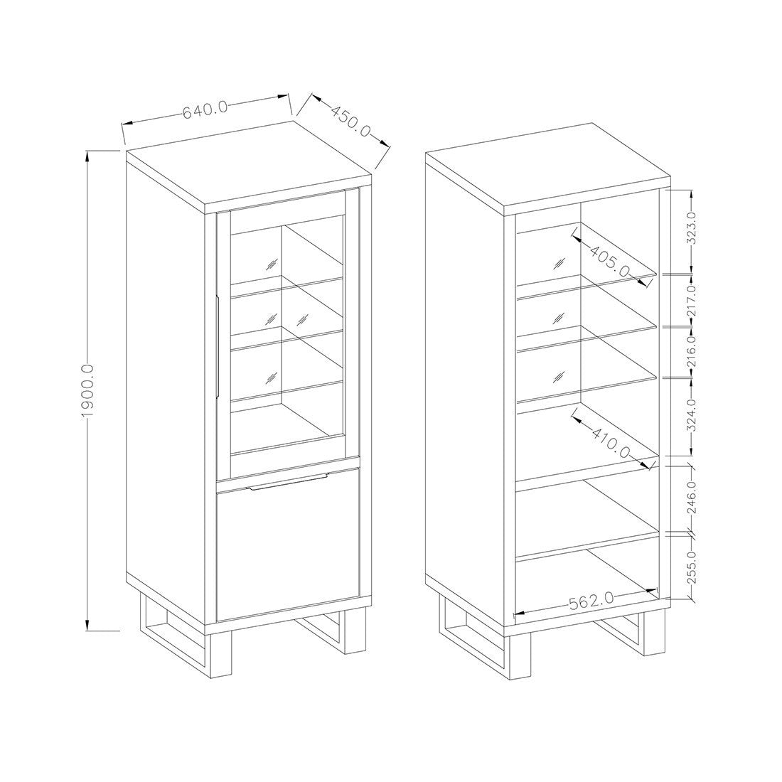 Vetrina color rovere collezione MILO. Finiture nere. Mobile ideale per la tua sala da pranzo.