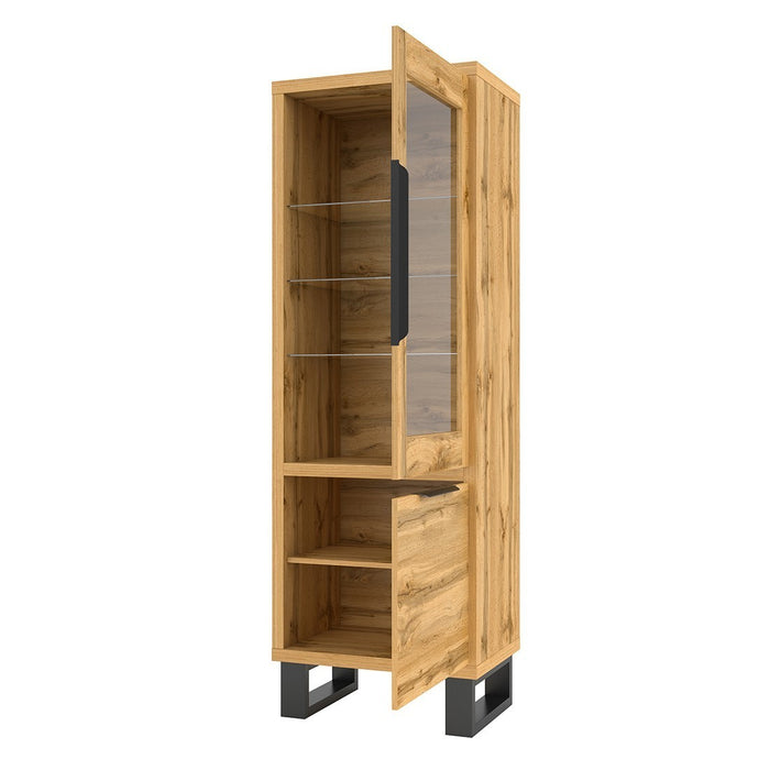 Vetrina color rovere collezione MILO. Finiture nere. Mobile ideale per la tua sala da pranzo.