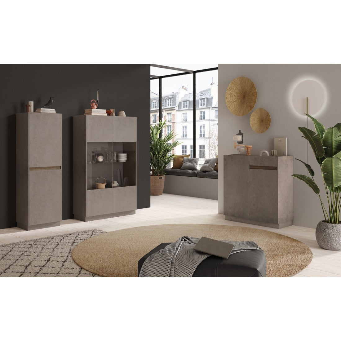 Vetrina design 2 porte, collezione DOMI, grigio antracite/quercia scura