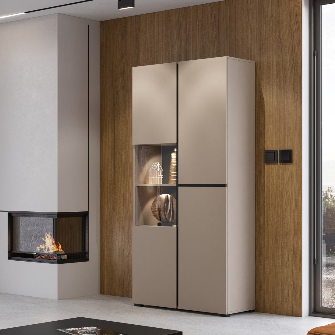 Vetrina alta 2 porte collezione HAVANA con LED integrato. Colori beige e nero.