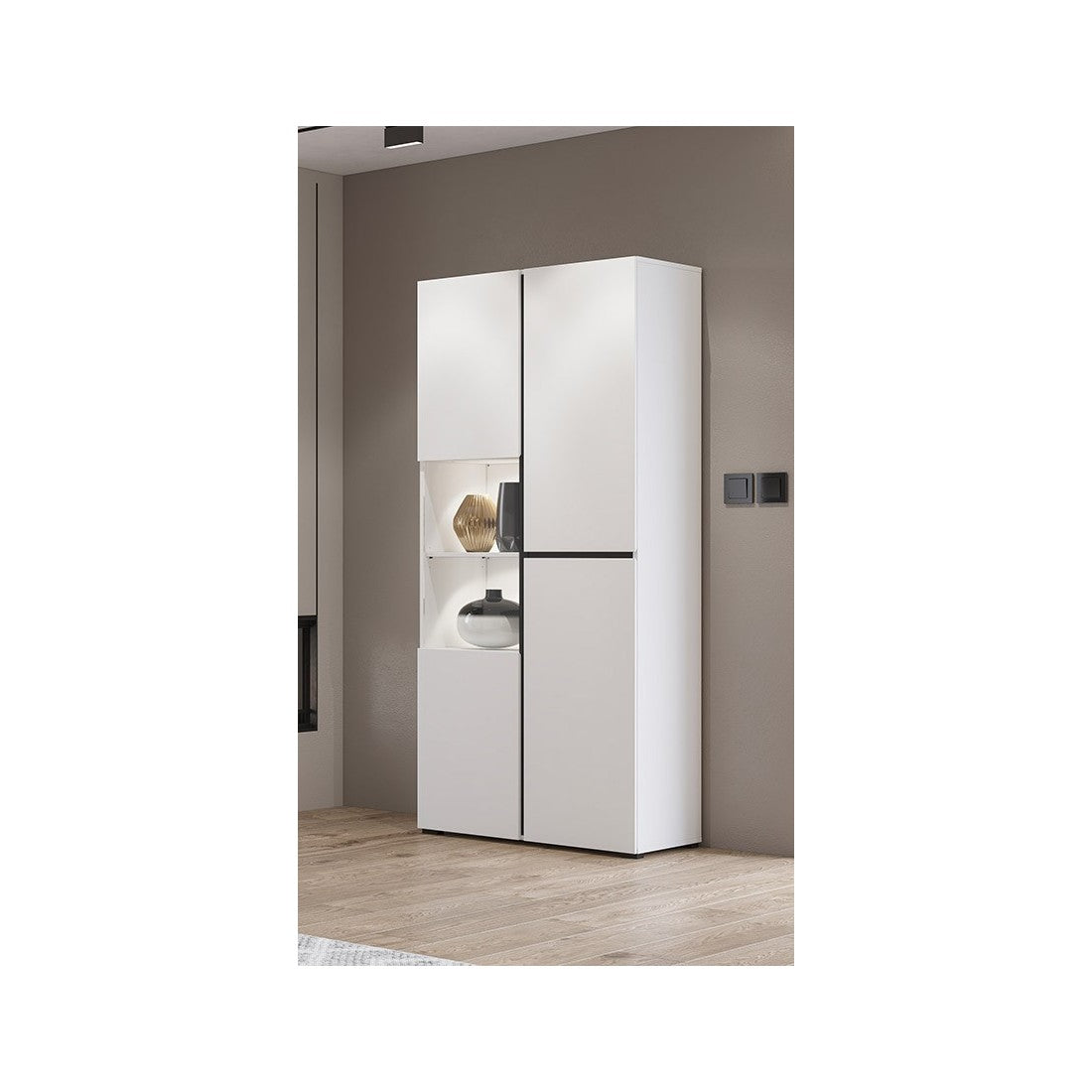 Vetrina alta 2 porte collezione HAVANA con LED integrato. Colori bianco e nero.