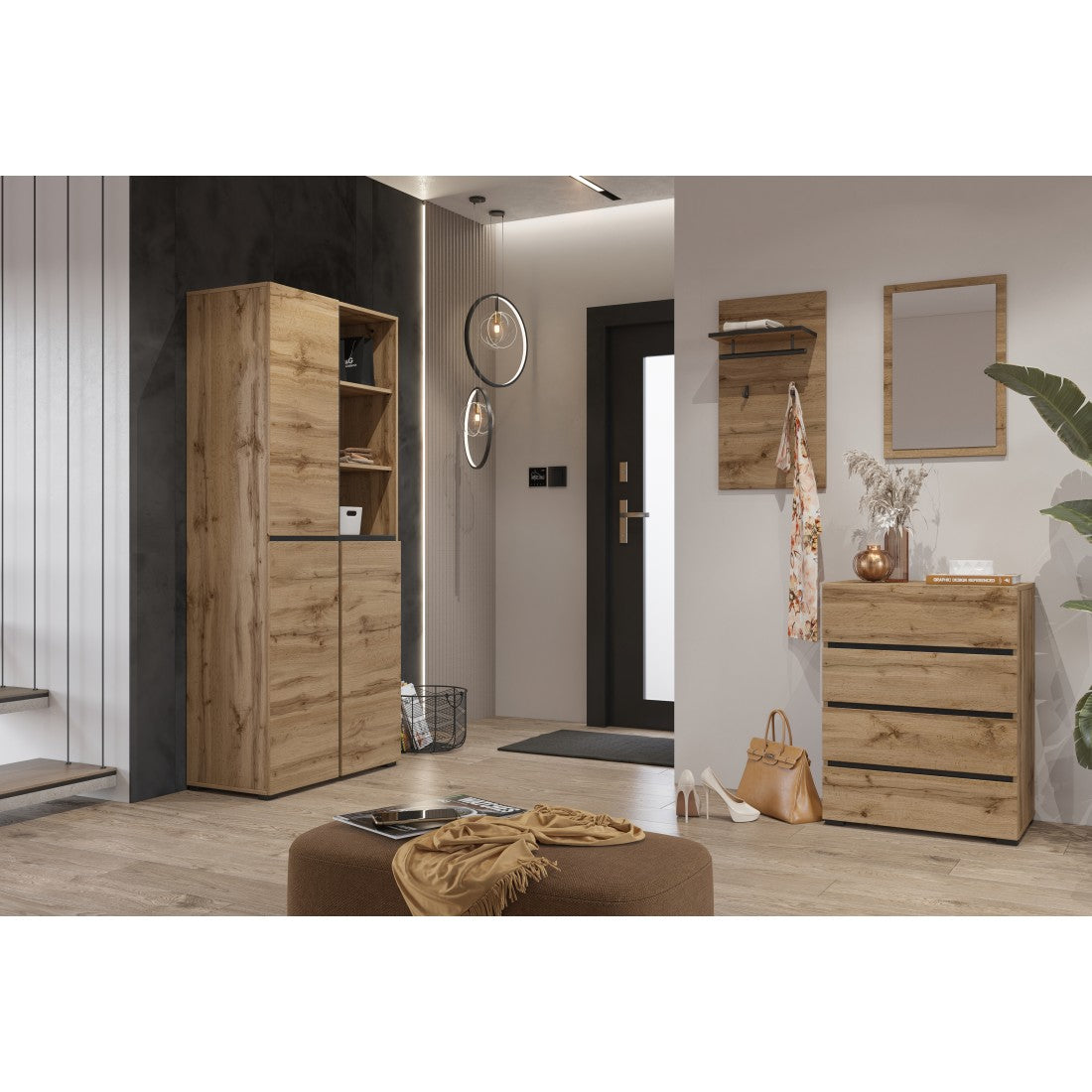 Vetrina alta a 2 porte collezione HAVANA con LED integrato. Colori quercia e nero.