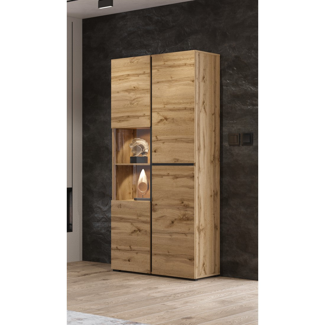 Vetrina alta a 2 porte collezione HAVANA con LED integrato. Colori quercia e nero.