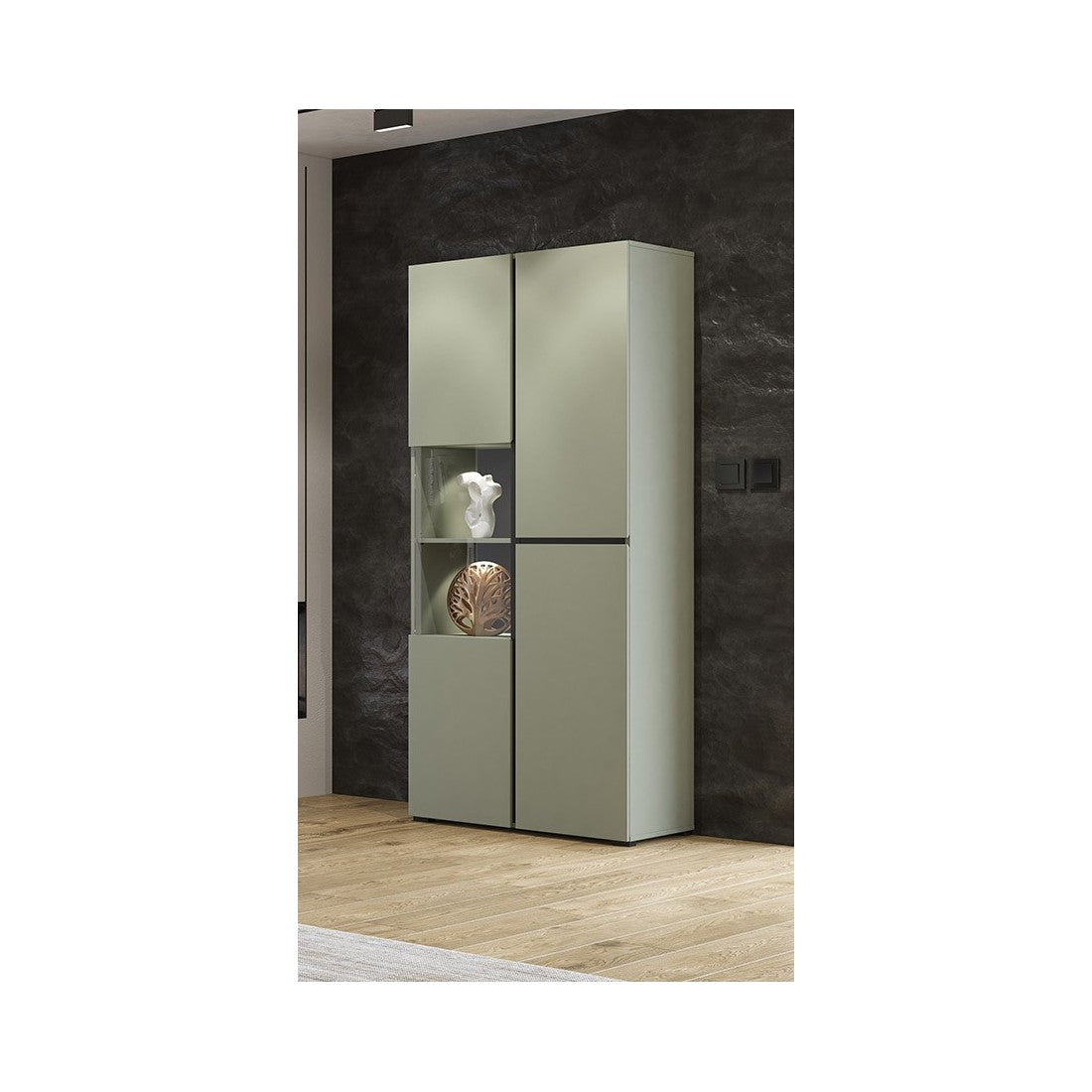 Vetrina alta 2 porte collezione HAVANA con LED integrato. Colori salvia e nero.