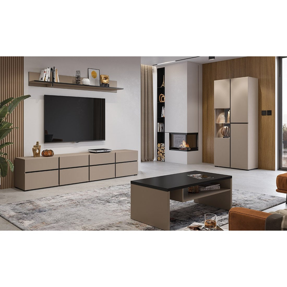 Vetrina alta 2 porte collezione HAVANA. Colori beige e nero.