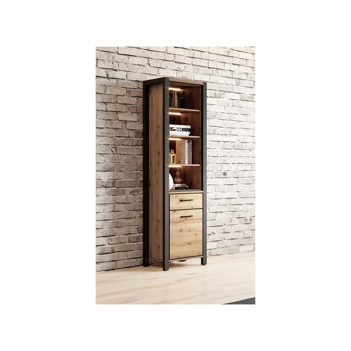 Vetrina alta collezione BOWIE. Colore quercia e nero. LED inclusi.
