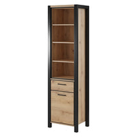 Vetrina alta collezione BOWIE. Colore quercia e nero. LED inclusi.