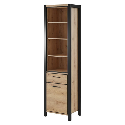 Vetrina alta collezione BOWIE. Colore quercia e nero. LED inclusi.