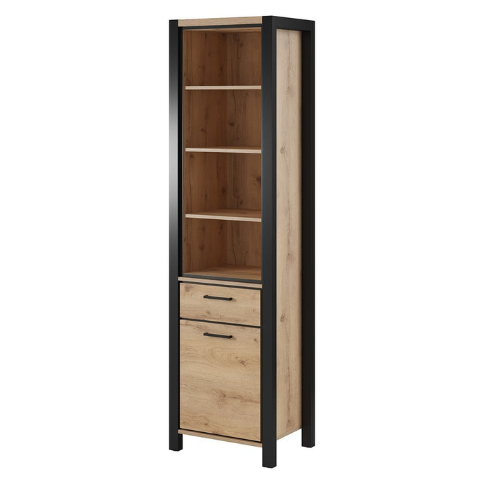 Vetrina alta collezione BOWIE. Colore quercia e nero. LED inclusi.