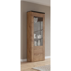 Vetrina alta design con 1 porta e illuminazione LED collezione SANTIAGO. Colori rovere e nero effetto legno.