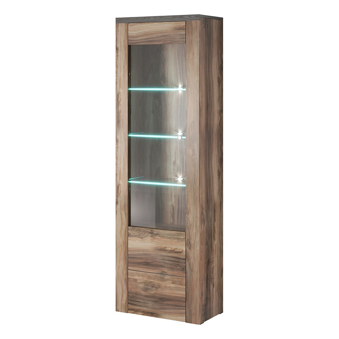 Vetrina alta design con una porta e illuminazione LED collezione SANTIAGO. Color noce e nero effetto legno.