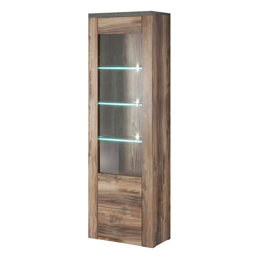 Vetrina alta design con una porta e illuminazione LED collezione SANTIAGO. Color noce e nero effetto legno.