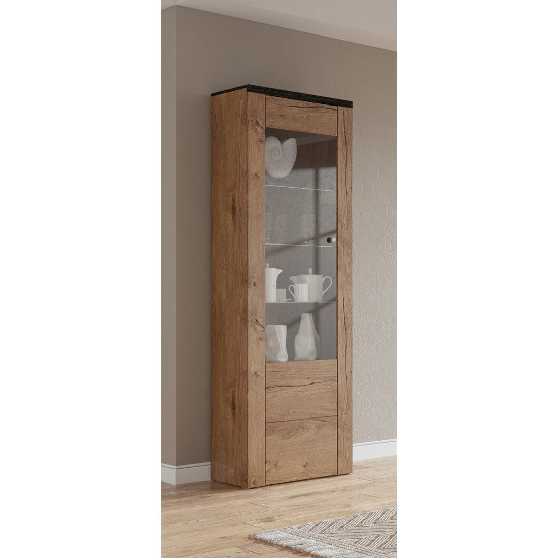 Vetrina alta design 1 porta collezione SANTIAGO. Colori rovere e nero effetto legno.