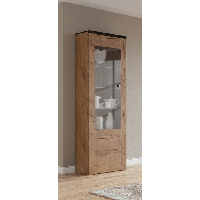 Vetrina alta design 1 porta collezione SANTIAGO. Colori rovere e nero effetto legno.