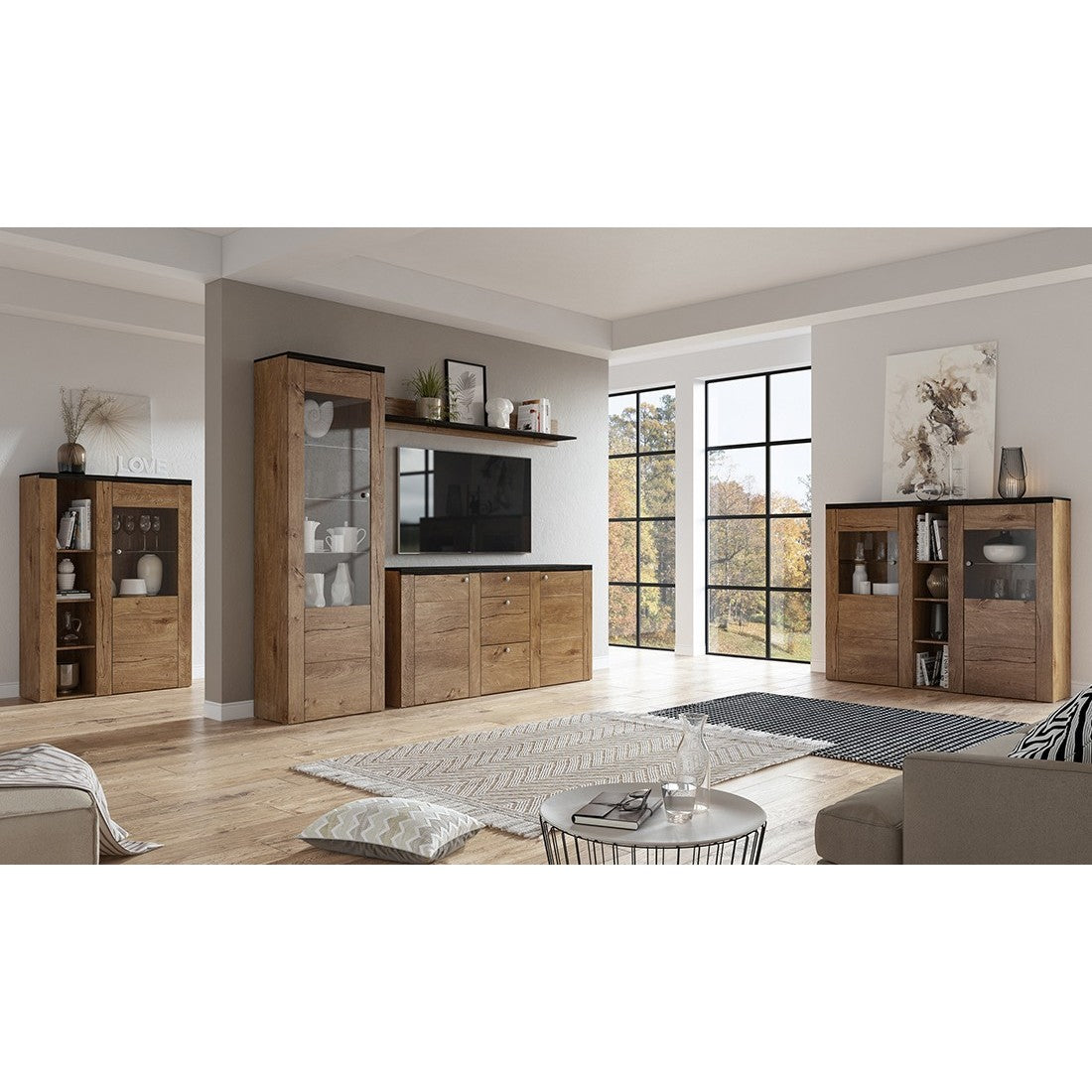 Vetrina alta design 1 porta collezione SANTIAGO. Colori rovere e nero effetto legno.