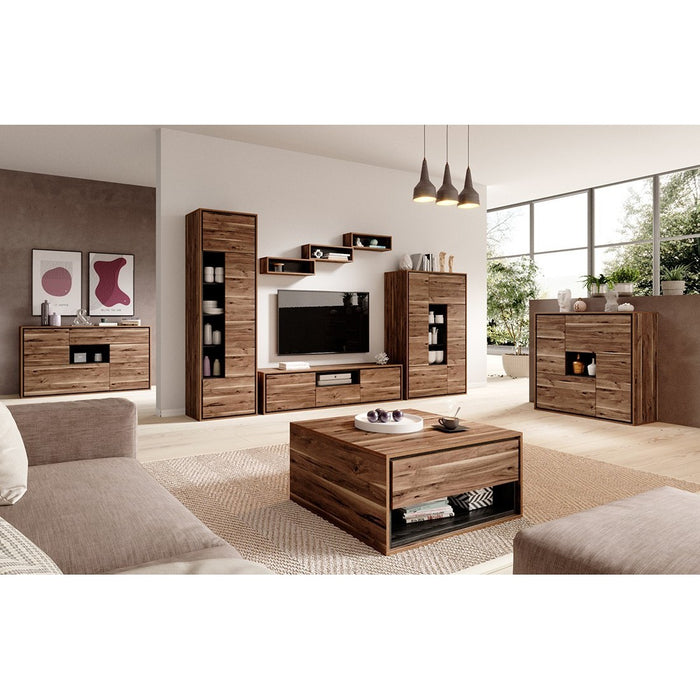 Vetrina alta design con 1 porta, 1 cassetto e 4 nicchie a vista collezione SILVA colore rovere e grigio.