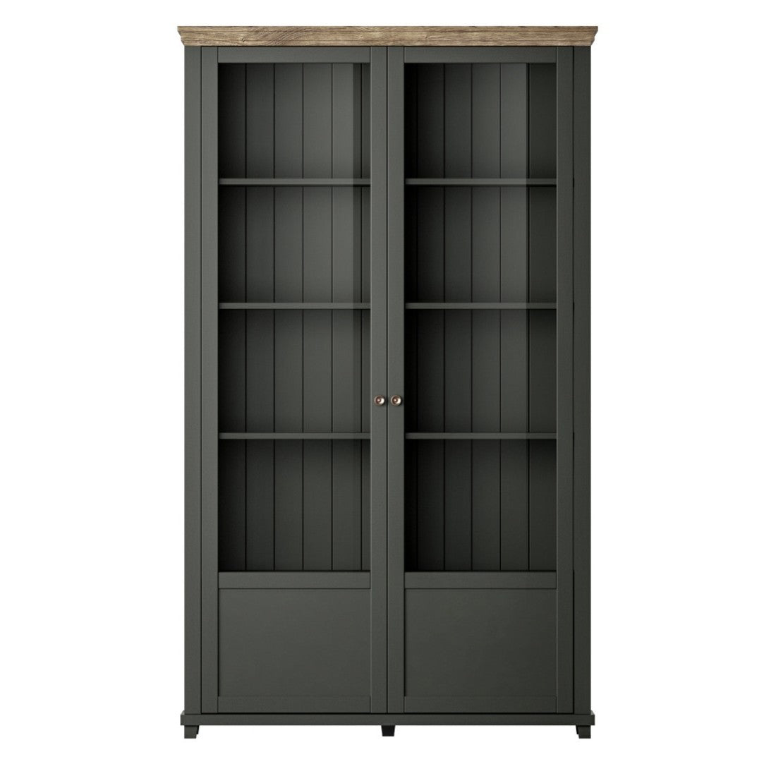 Vetrina larga a 2 porte con LED integrati collezione ASSIA. Colore verde e rovere.