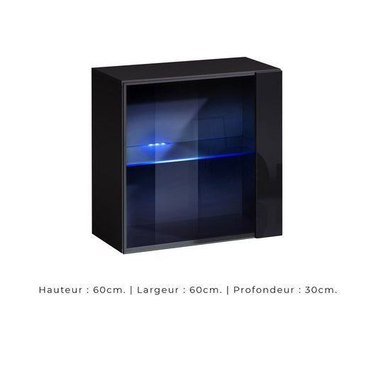 Vetrina nera quadrata sospesa con 1 porta a vetro e illuminazione LED inclusa. Collezione SWITCH.