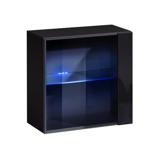Vetrina nera quadrata sospesa con 1 porta a vetro e illuminazione LED inclusa. Collezione SWITCH.