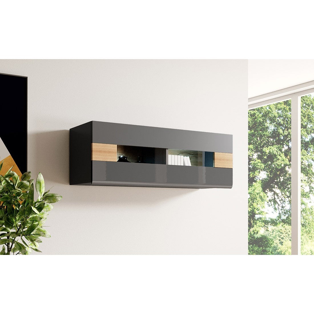 Vetrina sospesa orizzontale collezione OHIO colore grigio antracite e rovere.