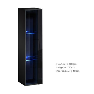 Vetrina sospesa nera piccolo modello con 1 porta a vetro e illuminazione LED inclusa. Collezione SWITCH.