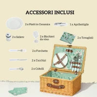 Cestino da Picnic in Vimini per 2 Persone con Piatti, Calici, Cavatappi e Posate, 40x30x20 cm, Marrone