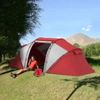 Tenda da Campeggio Familiare 4-6 Persone, Tenda Tonda Impermeabile Leggera, Ventilata, con 2 Cabine, Finestra Grande, Porta, Grigio e Rosso