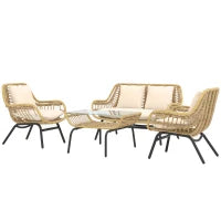 Set da Giardino 4 Pezzi in Rattan PE e Metallo con Divanetto, 2 Sedie e Tavolino da Caffè, Beige