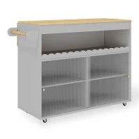 Carrello da cucina pieghevole con porte scorrevoli in vetro temperato, ripiani regolabili e portasalviette, 122x46x91 cm, Grigio