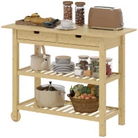 Carrello Cucina in Legno di Bambù con 2 Cassetti, 2 Ripiani a Doghe e 2 Rotelle, 100x43x75 cm, Legno