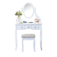 Toeletta Tavolo da Trucco con Specchiera e Sgabello Imbottito, Legno, Bianco