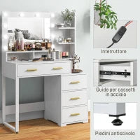 Tavolo da Trucco in Legno con 4 Cassetti, 6 Ripiani Aperti e Specchio, 100x40x138 cm, Bianco